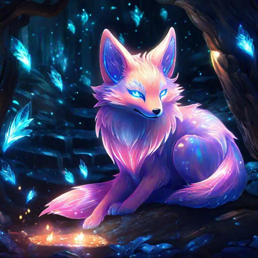 Prompt: A translucent kitsune that is glowing, in a den, realistic, bioluminescent,  glitter, highres, best quality, concept art