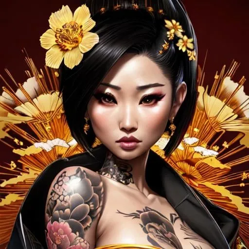 Prompt: portrait of Brenda Song as a elegantyakuza tattooed, defiant look attitude, cinematic lighting shadowing the KIMONO , ultra-detailed, sharp focus, highly detailed, sharp focus, golden background with flowers, photorealism, style of Hajime Sorayama, art by Hirothropologie , artgerm and Patrick DeMarchelier, masterpiece