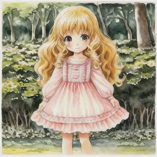 Prompt: a little girl in traveling clothes and looks at the sunset in the forest, full body, drawing a face in maximum quality, high-quality drawing of the face, character sheet, illustration for book, children's book, curly hair, blond hair, watercolor clipart, full Illustration, 4k, sharp focus, watercolor, smooth soft skin, symmetrical, soft lighting, detailed face, concept art, watercolor style, strybk, children's style fairy tales, chibi kawaii, . Octane rendering, 3d, perfect face, detailed face, delicate face, perfect sharp lips, detailed eyes. Craig Davison, Aubrey Beardsley, Conrad Roset, Aikut Aidogdu, Agnes Cecil, watercolor style