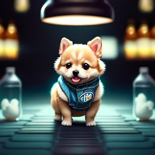 Prompt: cute Kawaii tiny hyper realistic baby dog wearing hip hop clothes inside a bottles, city background in a bottles baby dog reflection 8k Cinematography photorealistic epic composition Unreal Engine Cinematic Color Grading Portrait Photography Ultra-Wide Angle Depth of Field hyper detailed octane render trending on artstation greg rutkowski