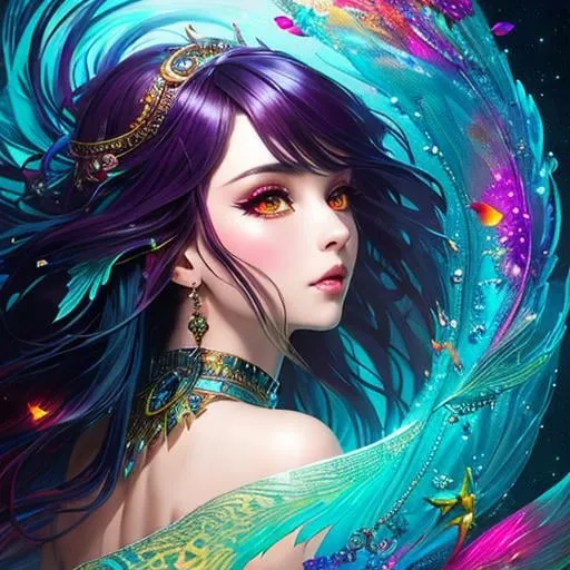 Prompt: Hot goddess of mermaid girl, vibrant, whimsical by russ mills by anna dittman, dark creepy background, ruby, long wavy hair, scenic, cute, adorable, pretty, 8k resolution concept art portrait by Greg Rutkowski, Artgerm, WLOP, Alphonse Mucha dynamic lighting hyperdetailed intricately detailed Splash art trending on Artstation triadic colors Unreal Engine 5 volumetric lighting, gothic, high resolution, Close up portrait, ambient light, Nikon 15mm f/1.8G, by Lee Jeffries, Alessio Albi, Adrian Kuipers, victorian, glamour, intricate and detailed environment, laces, stains, watercolor dark background, Masterpiece, Royo, ornate, depth