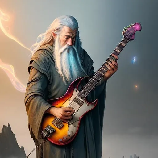 Prompt: Gandalf playing the electric guitar, smoky, space, foggy effects, super high detail, amazing masterpiece, detailed matte painting, deep color, fantastical, intricate detail, splash screen, complementary colors, fantasy concept art, 8k resolution trending on Artstation Unreal Engine 5