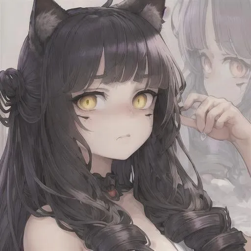 Prompt: ((best quality)), ((illustration)), masterpiece, (extremely detailed face and eyes), ((upper body)), (focus on face), ((from the side)), ((ukiyo)), flat shading, solo, (((1girl))), (cute anime face), (((embarrassed))), ((cat ears)), black hair, spiralcurl, ((yellow pupils)), ((cleavage)), (choker), simple background
