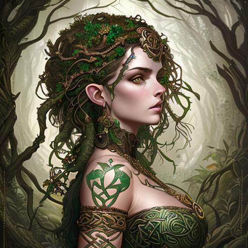 Prompt: Beautiful celtic tribal elaborately Detailed dryad girl, Julia Voth Camren Bicondova, hypermaximalist, By Tom Bagshaw, By peter mohrbacher, Medium Close Up, 16k, Award-winning, Back-lit, Rtx Enabled, Complimentary colors, HDR, 