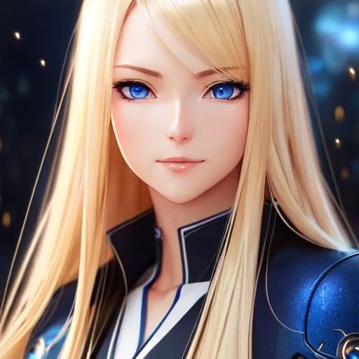 Prompt: a 1 woman, blond hair, long hair, blue eyes, smooth soft skin, beautiful intricate hair, symmetrical, anime narrow eyes, soft lighting, detailed face, by makoto shinkai, stanley artgerm lau, wlop, rossdraws, myoga, concept art, digital painting, looking into camera, happy face, small iris.