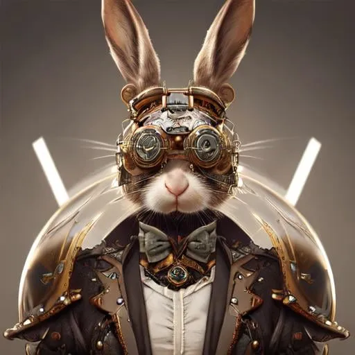 Prompt: ultra realist soft painting of a single steampunk rabbit warrior, very intricate details, scar in the face, reflections, refractions, symmetry accurate humanoid anatomy features, unreal render