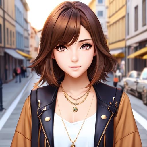 Prompt: Beauty 18 year old girl,anime,manga,necklaces,cute, brown Long Luscious Layers haircut,e-girl,64k,dynamic potrait,perfect composition,pretty eyes,Sun Dress with jacket,European city background,aesthetic,face detailed,highly detailed,soft lighting,