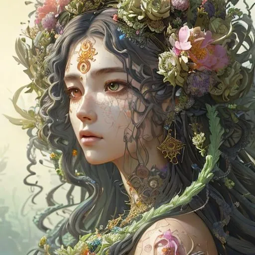 Prompt:  Insanely detailed elaborate beautiful Gaia goddess with flower dress, intricate face, beautiful long curly hair ,hyper detailed painting by Ismail Inceoglu Huang Guangjian and Dan Witz CGSociety ZBrush Central fantasy art album cover art 4K 64 megapixels 8K resolution HDR Greek light colours jewelry celestial powers