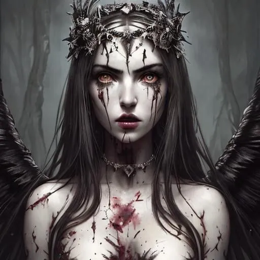 Prompt: "It scratches its nails deep beneath, you scream, you come, you seethe", stunning fallen angel, bloody skin, ornately decorated head band, realistic eyes, epic, Camilla Belle, by Greg Rutkowski, By Stefan Koidl, a masterpiece, grand, hells domain, Vibrant 