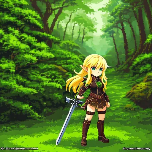 Prompt: low resolution pixel art 1 chibi female elf warrior, dual curve sword, blonde hair, green leather and cotton clothes, standing in low resolution pixel fantasy forest background,

pixel art, fantasy art,

inspired by final fantasy, RPG Maker style,