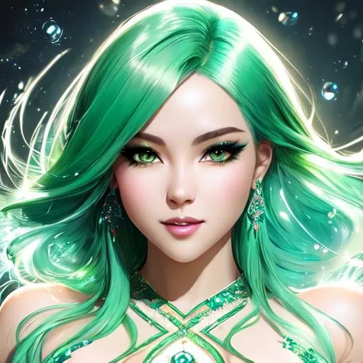 Prompt: splash art, by Greg rutkowski, hyper detailed perfect face,

beautiful kpop idol stretching, full body, long legs, perfect body,

high-resolution cute face, perfect proportions,smiling, intricate hyperdetailed green hair, light makeup, sparkling, highly detailed, intricate hyperdetailed shining eyes,  

Elegant, ethereal, graceful,

HDR, UHD, high res, 64k, cinematic lighting, special effects, hd octane render, professional photograph, studio lighting, trending on artstation, 