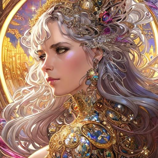 Prompt: Gorgeous woman covered in sparkly jewels, Intricate, Scenic, Hyperdetailed, Delicate; Complex; Royo; Deep Colors; Regal; Bagshaw, Chevrier, Ferri, Kaluta, Minguez, Mucha. Cinematic, WLOP, 8K, concept, sharp focus, illustration, rutkowski, Artgerm, Giger, piles of silver and gold coins