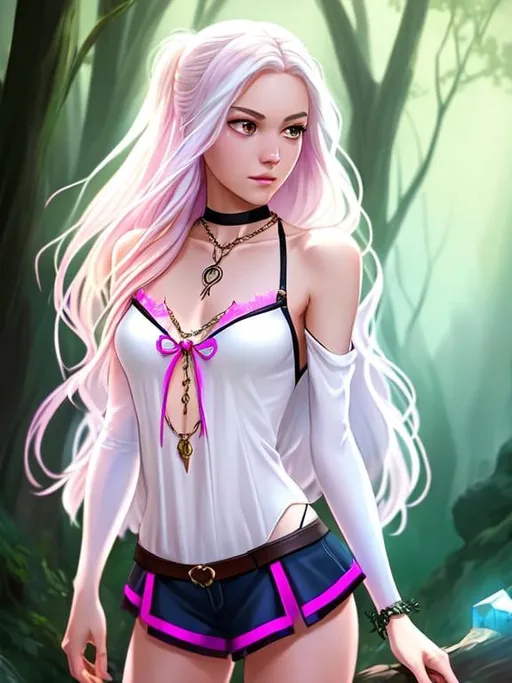 Prompt: Beautiful girl, full-body digital art, gwen stacy (ghost spider), bodysuit, one shoulder top, bralette top, backless top, keyhole top, split front chain detail top, shorts, druid priestess, long white hair, pink clothes, artstation, illustration, dynamic soft lighting, fantasy framing, high resolution 4k, hdr, stylistic, thigh gap, full body, Sharp features, cute face, symmetrical, double eyelid blue eyes