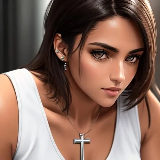 Prompt: An female dressed in a white tank top and cross neckless, long dark brown and dark brown eyes, (((full body visible))), portrait, photography, detailed skin, realistic, photo-realistic, 8k, highly detailed, full length frame, High detail RAW color art, piercing, diffused soft lighting, shallow depth of field, sharp focus, hyperrealism, cinematic lighting