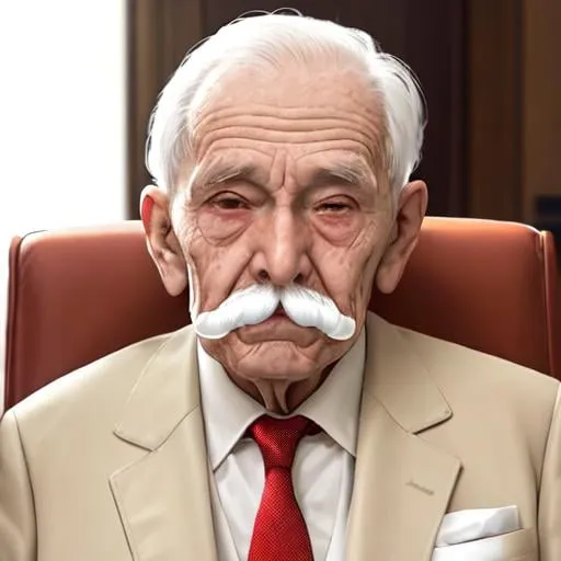 Prompt: +_+, (An 80 years old man with nasolabial folds on his face:1.3), white mustache, white suits, white short cut corners hair ,long brown red tie, beige jacket, his both fingers in front of his face, Werther's Original, sitting on the chair, glowing eyes, morinaga
