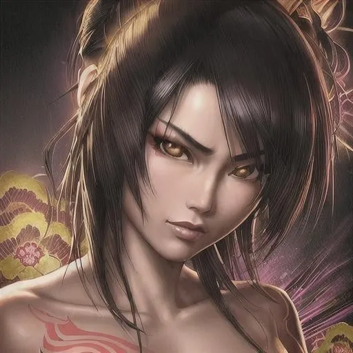 Prompt: portrait of Brenda Song as a elegantyakuza tattooed, defiant look attitude, cinematic lighting shadowing the KIMONO , ultra-detailed, sharp focus, highly detailed, sharp focus, golden background with flowers, photorealism, style of Hajime Sorayama, art by Hirothropologie , artgerm and Patrick DeMarchelier, masterpiece