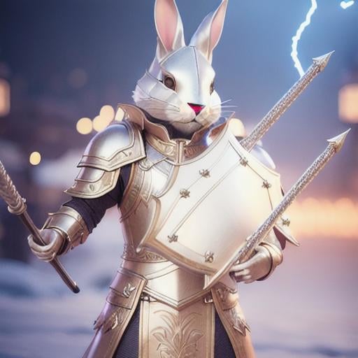 Prompt: adventurous rabbit in leather armor wielding a rapier and shield highly detailed, fine complex micro-details, 8k, volumetric lightning, ethereal light, extremely detailed, octane rendering, hyperrealistic, unreal engine