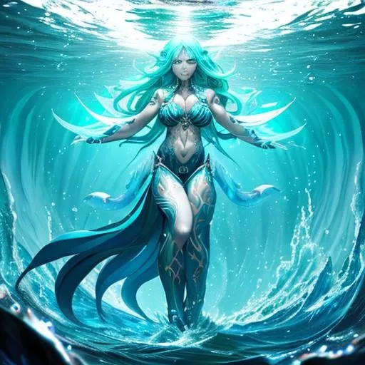 Prompt: Realistic full body of a sea elf that exudes power, and Power over water. She should be depicted as the Goddess of the Sea and the goddess of the Lost. Has skin made of Dark Water and has tattoos of Blue Runes on face and on skin. is a Beautiful Water Sorcerous. she has green hair.) Under water Background. perfect composition, Realistic, hyperrealistic, super detailed, 8k, high quality, sharp focus, studio photo, intricate details, highly detailed.