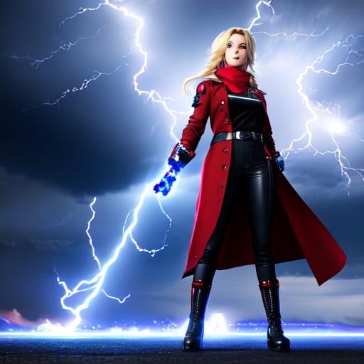 Prompt: UHD, hd , 8k, anime,  hyper realism, Very detailed, zoomed out view, standing, blonde female with robot arms and hands, she wears a red bandana, she wears a blue trench coat, black shirt, black pants, black boots, is summoning lightning 