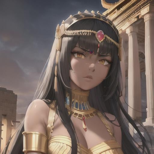 Prompt: Greg Rutkowski


majestic Cleopatra girl with dark skin black hair in a strait cut and big yellow eyes ,

Temple Architecture Backdrop background,

She wears a white dress

Face with expressive facial expression that radiates strength, determination and superiority.


anime artwork with a realistic style, featuring detailed textures, lifelike shading, and accurate proportions,
 

16k, UHD, HDR10, 16K, ((Masterpiece)) , Absurdres,