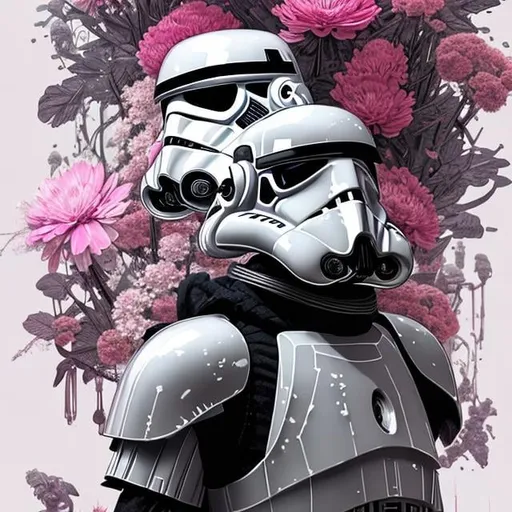 Prompt: Storm trooper with black chrome armor as a vintagepunk samurai, fantasy floral background, pink and black floral details, storm trooper covered with a lei and crown of flowers, artstation, hyperdetailed, 8k, beautiful lighting, artstation by James Jean, Moebius, cory loftis, craig mullins, rutkowski, Mucha


hyperdetailed, over the shoulder, close up, james jean, mucha, fractal, vibrant colors, rococo art, 8k resolution, clear shape, defined shape, full body
