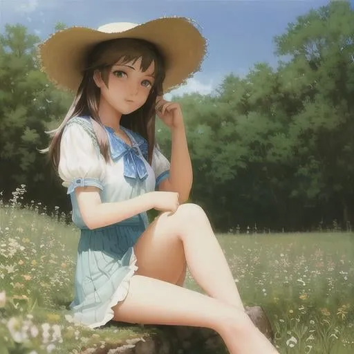 Prompt: A country styled girl in a meadow, sitting on a rock, with a sun hat, perfect features, extremely detailed, realistic. Krenz Cushart + loish +gaston bussiere +craig mullins, j. c. leyendecker +Artgerm, 