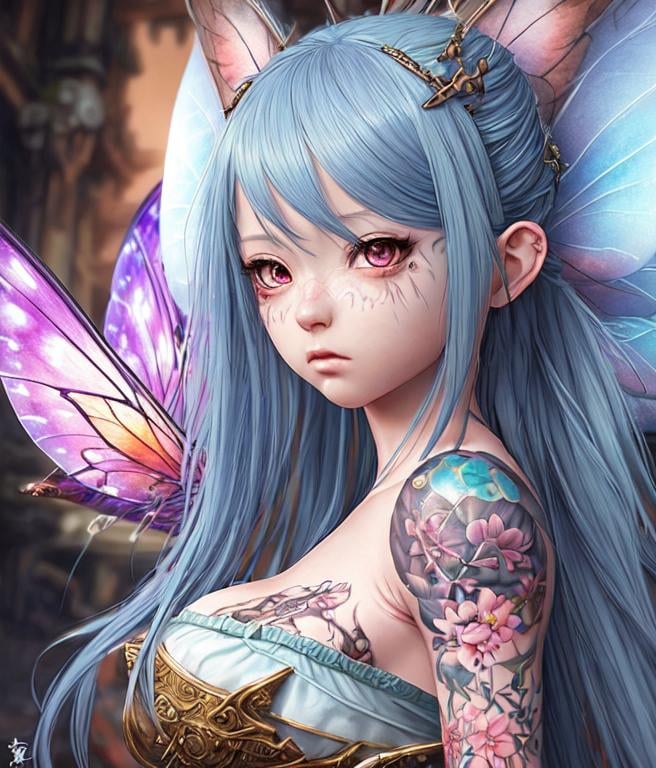 Prompt: hyper realistic anime girl fairy, hyper attention to detail, super intricate, final fantasy, shadows, high fantasy, post steampunk, cinamatic, western background, micro details, lifelike, photo realistic, dream, insanely detailed, fierce, candid scene. tattoos, nft design