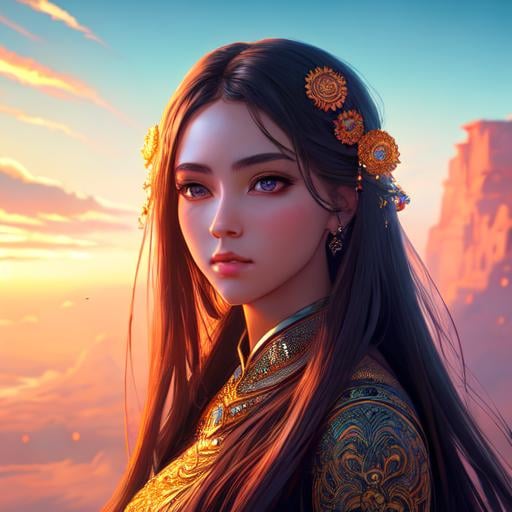 Prompt: hyperdetailed intricate enigmatic, a lot of glowing aum symbols floating in the air,

masterpiece intricate hyperdetailed ultra realistic girl, detailed face, hopeful,

scenic view space with very wide angle,

colorful glamorous sunshine,

WLOP, Greg Rutkowski, 128K resolution,