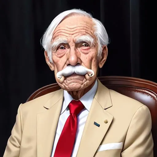 Prompt: +_+, (An 80 years old man with nasolabial folds on his face:1.3), white mustache, white suits, white short cut corners hair ,long brown red tie, beige jacket, his both fingers in front of his face, Werther's Original, sitting on the chair, glowing eyes, morinaga
