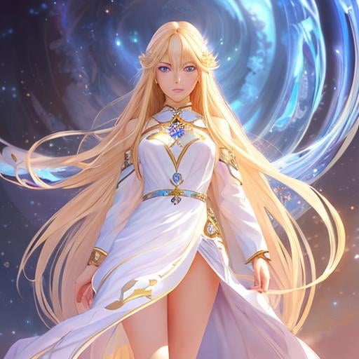 Prompt: full body of a 1 woman, blond hair, long hair, blue eyes, smooth soft skin, beautiful intricate hair, symmetrical, anime narrow eyes, soft lighting, detailed face, by makoto shinkai, stanley artgerm lau, wlop, rossdraws, myoga, concept art, digital painting, looking into camera, happy face, small iris.