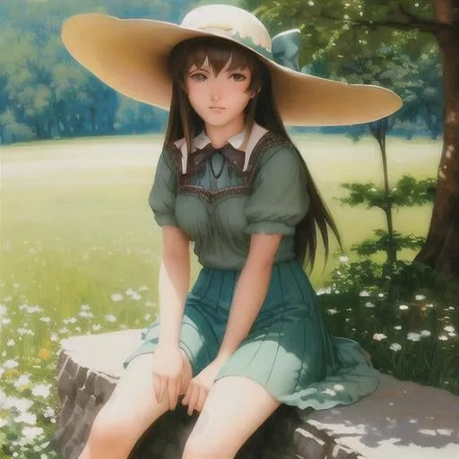 Prompt: A country styled girl in a meadow, sitting on a rock, with a sun hat, perfect features, extremely detailed, realistic. Krenz Cushart + loish +gaston bussiere +craig mullins, j. c. leyendecker +Artgerm, 