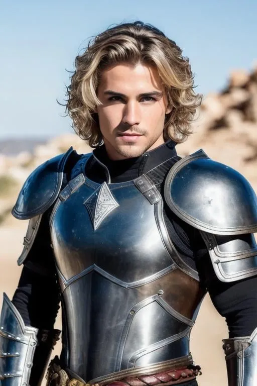 Prompt: male fantasy warrior, very handsome, gray eyes, medium musculature, dirty blonde, short wavy hair, full leather armor, very detailed eyes, UHD, 64K, sharp focus, studio photo, intricate details, highly detailed