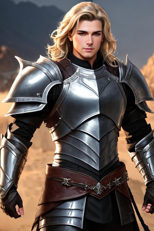 Prompt: male fantasy warrior, very handsome, gray eyes, medium musculature, dirty blonde, short wavy hair, full leather armor, very detailed eyes, UHD, 64K, sharp focus, studio photo, intricate details, highly detailed