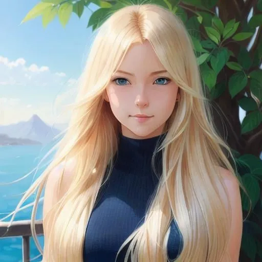 Prompt: full body of a 1 woman, blond hair, long hair, blue eyes, smooth soft skin, beautiful intricate hair, symmetrical, anime narrow eyes, soft lighting, detailed face, by makoto shinkai, stanley artgerm lau, wlop, rossdraws, myoga, concept art, digital painting, looking into camera, happy face, small iris.