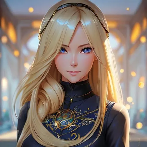 Prompt: full body of a 1 woman, blond hair, long hair, blue eyes, smooth soft skin, beautiful intricate hair, symmetrical, anime narrow eyes, soft lighting, detailed face, by makoto shinkai, stanley artgerm lau, wlop, rossdraws, myoga, concept art, digital painting, looking into camera, happy face, small iris.