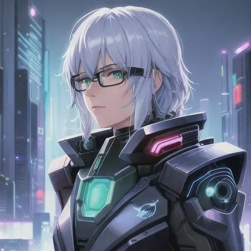 Prompt: Cyberpunk, Mechanical Body, Machine, Looking at Camera, HD, 8K, Portrait, White medium Hair, Blue Glasses, Green Eyes, Sci-Fi, City background, Neon Lights, 