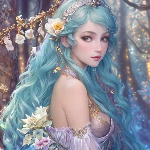 Prompt: Chiaroscuro, full-body painting of a beautiful pale-skinned night elf girl (((barely clothed))), style of Fragonard and Yoshitaka Amano (light hair with flowers, messy), ropes, ((forest background)), bioluminescent, (wearing intricate clothes) silver gothic armor with golden filigree details, vines, delicate, soft, fireflies, spiders, spider webs, webs, silk, threads, ethereal, luminous, glowing, dark contrast, celestial, ribbons, trails of light, 3D lighting, soft light, vaporware, volumetric lighting, occlusion, Unreal Engine 5 128K UHD Octane, fractal, pi, fBm, mandelbrot