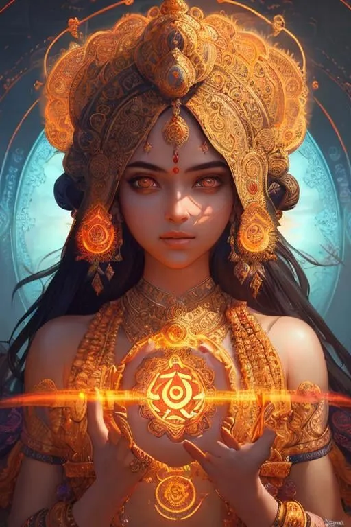 Prompt: hyperdetailed intricate enigmatic, a lot of glowing hindu symbols floating in the air,

masterpiece intricate hyperdetailed beautiful girl, detailed face, hopeful,

scenic view space with very wide angle,

colorful glamorous sunshine,

WLOP, Greg Rutkowski, 128K resolution,