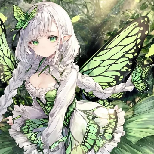 Prompt: white short hair, long braids, frill shirt, green butterfly wings, cute face, green eyes, two leaves in the hair, fairy, forest, magic, green skirt, deep cleavage