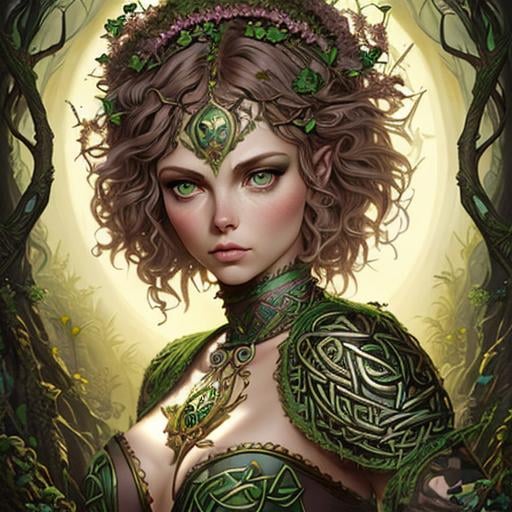 Prompt: Beautiful celtic tribal elaborately Detailed dryad girl, Julia Voth Camren Bicondova, hypermaximalist, By Tom Bagshaw, By peter mohrbacher, Medium Close Up, 16k, Award-winning, Back-lit, Rtx Enabled, Complimentary colors, HDR, 