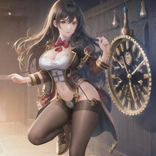 Prompt: dark haired girl wearing clothes full of ornaments, body full of steampunk clock gears mechanic, posing, full body, soft lighting, realistic, 8K, digital art, unreal engine 5