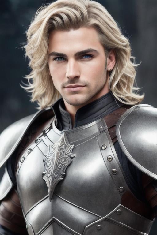 Prompt: male fantasy warrior, very handsome, gray eyes, medium musculature, dirty blonde, short wavy hair, full leather armor, very detailed eyes, UHD, 64K, sharp focus, studio photo, intricate details, highly detailed