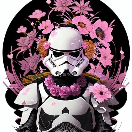 Prompt: Storm trooper with black chrome armor as a vintagepunk samurai, fantasy floral background, pink and black floral details, storm trooper covered with a lei and crown of flowers, artstation, hyperdetailed, 8k, beautiful lighting, artstation by James Jean, Moebius, cory loftis, craig mullins, rutkowski, Mucha


hyperdetailed, over the shoulder, close up, james jean, mucha, fractal, vibrant colors, rococo art, 8k resolution, clear shape, defined shape, full body