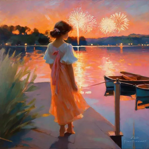 Prompt: Girl, Lake, Port ,Fireworks, Sparkles ,Celebration, Sunset, Oil Painting, Impressionist Painting,Mary Cassatt style painting,Alphonse Mucha,< a girl is depicted standing near a tranquil lake with a small port in the background. The sun is setting, creating a beautiful orange and pink sky, and there are sparkles and fireworks in the air, suggesting a celebration. The girl is looking up in awe at the display and seems happy and content. >,< The painting has a soft and dreamy quality, similar to the style of Mary Cassatt, with an emphasis on the girl's emotions and the beauty of the scene. The use of pastel colors and loose brushstrokes adds to the impressionistic feel. >,< In the background, we can see the intricate details of the port with boats and sails, which is reminiscent of the art nouveau style of Alphonse Mucha. The sparkles and fireworks are also reminiscent of the decorative motifs used in Mucha's art. >,< Overall, the painting captures a moment of joy and wonder in nature, combining elements of impressionism and art nouveau to create a unique and beautiful piece of art >