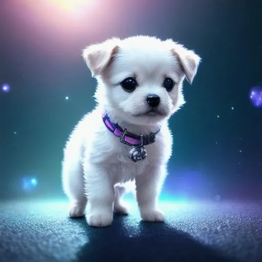 Prompt: cute Kawaii tiny hyper realistic baby dog, wearing hip hop clothes inside in a bottles colorful nebula in a bottles city background baby dog reflection 8k Cinematography photorealistic epic composition Unreal Engine Cinematic Color Grading Portrait Photography Ultra-Wide Angle Depth of Field hyper detailed octane render trending on artstation greg rutkowski