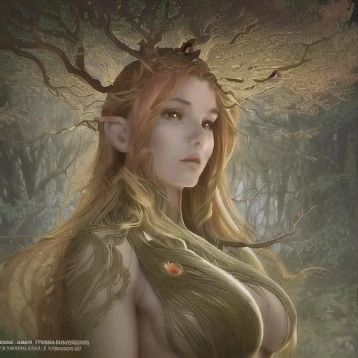 Prompt: dryads autumnal feminine great beauty and very beautiful physical features, just behind her oak surrounded by a thick autumnal forest volumetric soft lighting warm colors 8k resolution by Greg Rutkowski, Artgerm, Alphonse Mucha dynamic lighting hyperdetailed intricately detailed Splash art trending on Artstation Unreal Engine 5 volumetric lighting