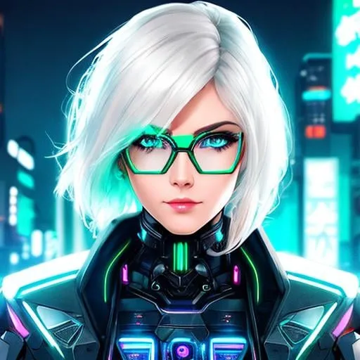 Prompt: Cyberpunk, Mechanical Body, Machine, Looking at Camera, HD, 8K, Portrait, White medium Hair, Blue Glasses, Green Eyes, Sci-Fi, City background, Neon Lights, 