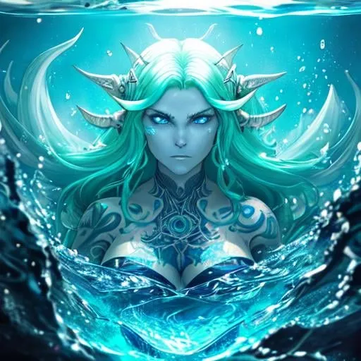 Prompt: Realistic portrait of a sea elf that exudes power, and Power over water. She should be depicted as the Goddess of the Sea and the goddess of the Lost. Has skin made of Dark Water and has tattoos of Blue Runes on face and on skin. is a Beautiful Water Sorcerous. she has green hair.) Under water Background. perfect composition, Realistic, hyperrealistic, super detailed, 8k, high quality, sharp focus, studio photo, intricate details, highly detailed.