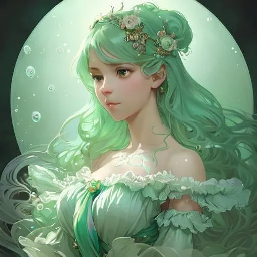 Prompt: portrait of magical young girl, dreamy and ethereal, mint green accents, peaceful expression, ornate frilly dress, fantasy, intricate, elegant, rainbow bubbles, highly detailed, digital painting, artstation, concept art, smooth, sharp focus, illustration, art by artgerm and greg rutkowski and alphonse mucha,  masterpiece