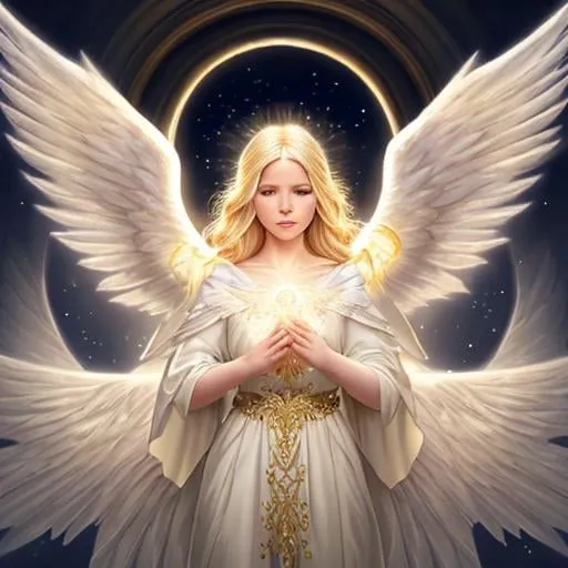 Prompt: Angel, beautiful face, detailed face, blonde, shining, holy light background, wide white wings, full body, mythical, fantasy, elegant, hyperrealism, highly detailed, intricate detailed,dynamic lighting, 4K, HD.